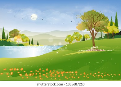 Panoramic of spring village with lake view and mountains with blue sky,Vector cartoon Spring landscape, Panorama countryside in the morning in summer with bright light from sun and reflection on water