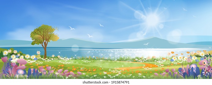 Panoramic of spring village with lake view and mountains with blue sky,Vector cartoon Spring landscape, Panorama countryside in the morning in summer with bright light from sun and reflection on water