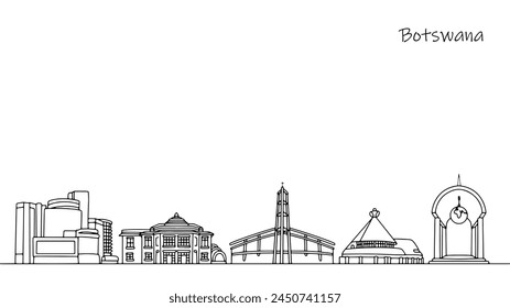 Panoramic street landscape of Botswana. Architectural structures that can be seen in the capital of the country. Simple black and white illustration.