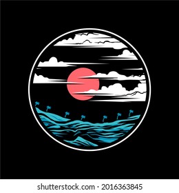 Panorama Summer Beach Night Scenenerenerie T-Shirt Design Illustration