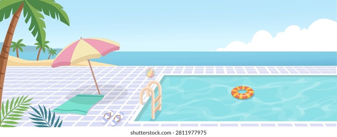 Panoramic summer landscape vector of a resort swimming pool overlooking the beach and ocean with an umbrella, floaties, and palm trees