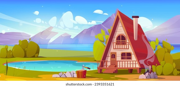 Panoramic summer landscape with wooden hut and campfire on shore of lake near rocky mountains. Cartoon vector illustration of wood cottage near water pond for camping and outdoor recreation.