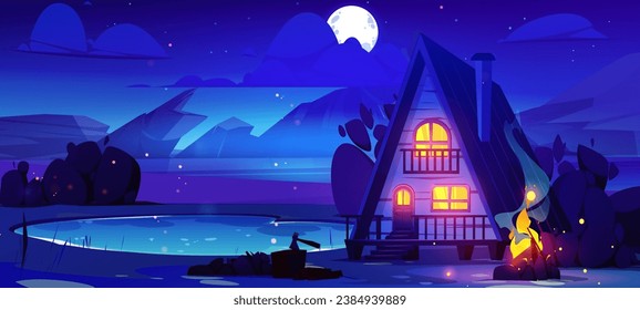 Panoramic summer night landscape with wooden hut and campfire on shore of lake near rocky mountains under starry sky and fool moon light. Cartoon wood cottage near water pond for camping at dusk.