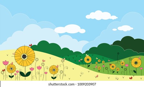 Panoramic of Sunflower field with blue sky in the spring or summer, Vector of Beautiful natural landscape of green field with summer flowers, vector illustration