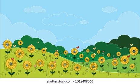 Panoramic of Sunflower field with blue sky in the spring or summer, Vector of Beautiful natural landscape of green field with summer flowers, vector illustration