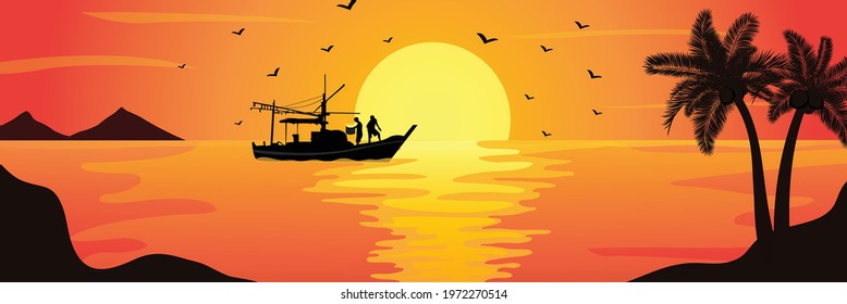 Panoramic sunset over the sea. Vector illustration of water and sky horizon, sun reflection, and silhouette of a fisherman in the middle of the sea. Beach view at dusk or dawn, afternoon. 