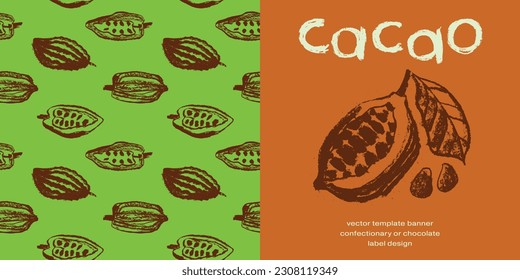 Panoramic template banner for Flavorful Organic Chocolate with hand-drawn Cocoa Beans Illustrations. Chocolate packaging design, cocoa powder label, organic cacao butter backdrop. Cocoa cosmetics.