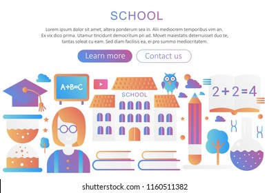 Panoramic template poster background concept with school building and teacher modern gradient vector illustration.