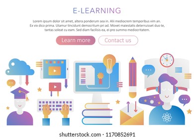 Panoramic template poster background concept E-learning school, online distance studying and education modern gradient vector illustration.
