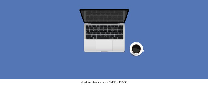 Panoramic top view office desk with laptop. Flat lay of minimal work space. notebook and coffee cup on blue colour background. Banner with copy space. Realistic objects isolated. Vector illustration