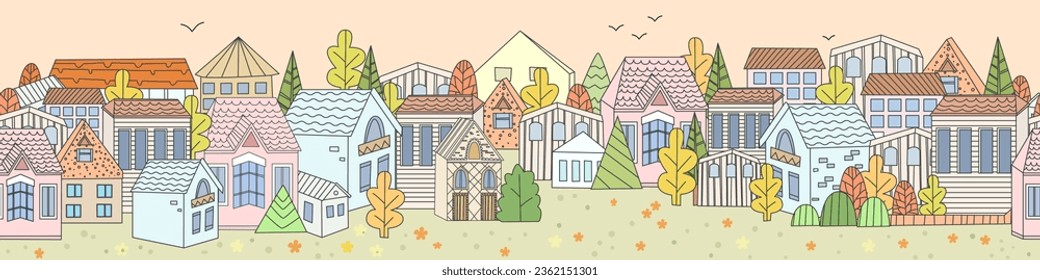 panoramic townscape in autumn with colorful houses, trees and birds in the sky. seamless city pattern border