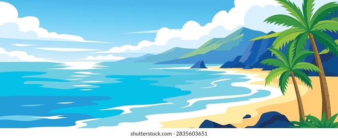 Panoramic Tropical Beach Flat Vector Background With Ocean Waves Mountain And Palm Trees