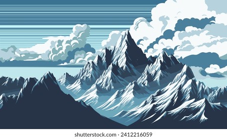 panoramic type vector of winter mountains landscape with snow and clouds. Icy cold mountain range with ice snow peaks, blue color theme