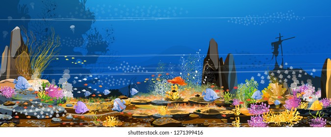 Panoramic underwater sea - vector vector illustration with the sea landscape Nature and life under the ocean, coral,fish,rock and anemone Silhouettes of old boat fish,blue sea background, marine life