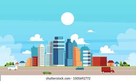 Panoramic urban landscape with high skyscrapers, suburb private buildings and city traffic a flat vector illustration. Town architecture and infrastructure concept.