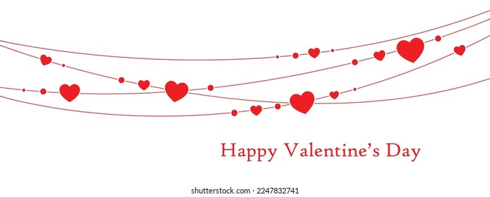 panoramic valentine card, red bead garland with hearts, happy valentines day, vector illustration