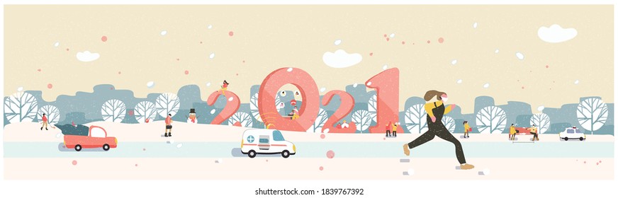Panoramic vector of 2021 New year.After 2020,COVID-19 painful disruption.worker loose job,pendamic and big changes in life. People work from home,social distancing and new normal life in 2021 year.