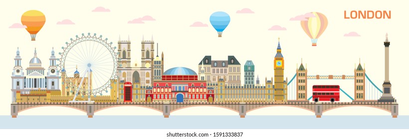 Panoramic vector colorful illustration of London landmarks. London city skyline vector isolated illustration. Vector colorful illustration of attractions of London, England. 