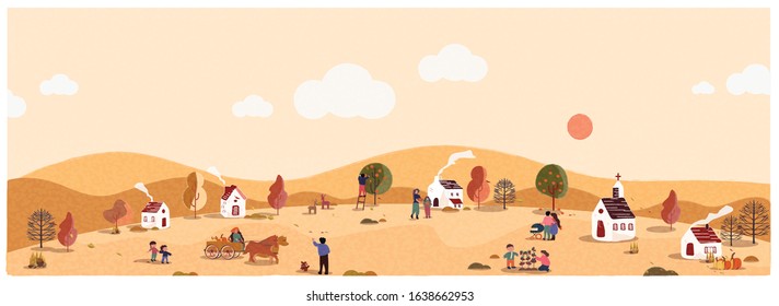 Panoramic vector illustration of Autumn rural landscape background.The cute small village in Autumn or fall.People  people gathering fruits in orchard or at farm.  .Happy people in autumn landscape.