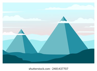 Panoramic vector illustration of a blue pyramid seen far away against a clear sky background complete with clouds above