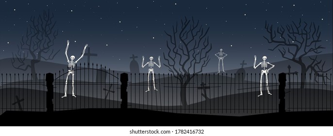 Panoramic vector illustration of a cemetery. Fearful halloween night background with skeletons, graveyard, crosses and gravestones. 