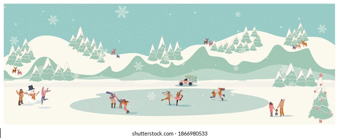 Panoramic Vector illustration of a Christmas winter holidays landscape banner.Retro color of winter landscape of people skating activities at iced lake with kids, snowman.Concept of winter activitie