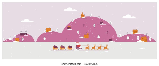 Panoramic Vector illustration of a Christmas winter landscape banner.Purple color of rural winter with Santa Claus,Father Christmas  sets out to deliver presents on reindeer  sleigh through the snow.