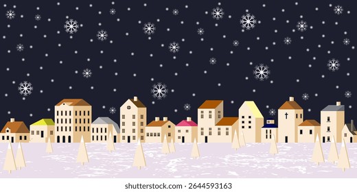 Panoramic Vector Illustration Depicting a Christmas and New Year Winter Night Town Scene with Falling Snow and Border of Houses and Stylized Trees in Snowy Landscape.