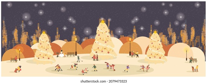 Panoramic vector illustration of early winter snowy in night eathy background.Urban city in Christmas day with snow.Kids ice skating,light,Christmas tree,shopping.People happy holidays.Mery Christmas 