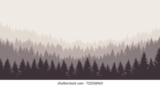 panoramic vector illustration of a forest under a overcast gray sky, layered