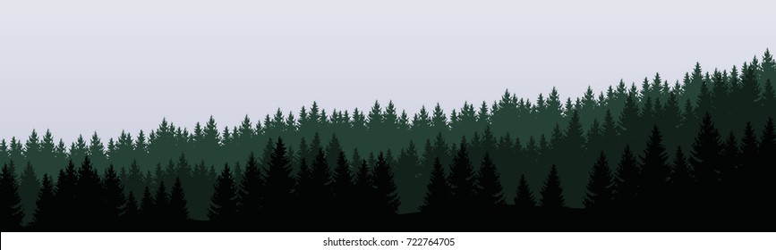 panoramic vector illustration of a forest under a overcast gray sky, layered