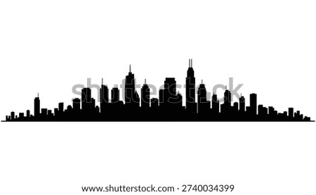 A panoramic vector illustration of a generic city skyline. This black silhouette features various skyscrapers and urban buildings isolated on a white background.
