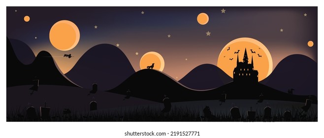 Panoramic vector illustration of Haloween theme.Panorama background with haunted castle,bat,wolf and withches and grave yard.Happy haloween