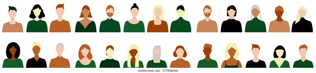 Panoramic vector illustration of hand drawn people. A multinational group of men and women. Busts of people in full face. top torso of people for banners, advertisements.