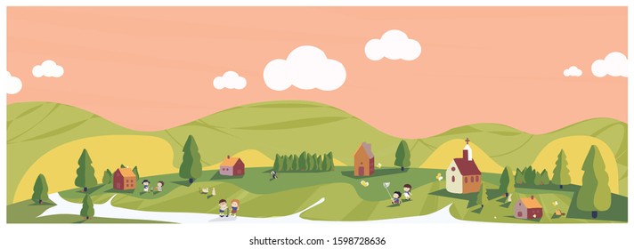 Panoramic vector illustration of minimal spring summer in green and earth tone background.The cute small village with kids playing outside with head hog,butterfly and bunny.People in spring concept. 