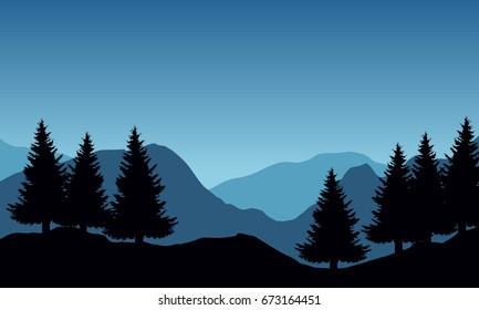 Panoramic vector illustration of mountain landscape with trees under blue sky and space for text