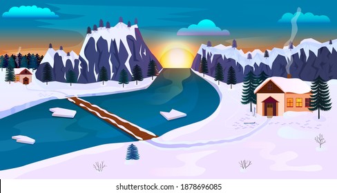 Panoramic vector illustration in pink background. a small village with houses with snow. the river flows, the mountains are visible in the distance. A bridge spans the river. Vector, EPS 10