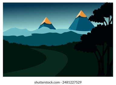 panoramic vector illustration of the pyramids seen from the heights of the mountains at night time with a clear sky background