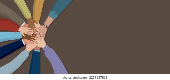 Panoramic vector illustration representing several joined hands as a sign of unity, brotherhood and solidarity. Concept of teamwork in a company.
