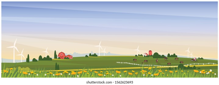 Panoramic Vector illustration of rural countryside with farmhouse,horse ranch and wind turbine in spring. Beautiful flat design of farm or agricultural with poppy and wild flower.Organic farm concept 