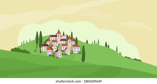 Panoramic Vector illustration of rural countryside with European houses on hills stock vector illustration. Positive green scene, panoramic views.
