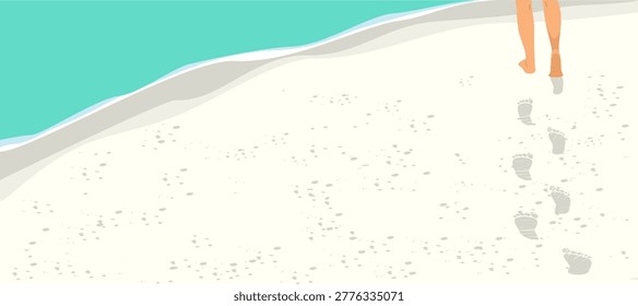 Panoramic vector illustration of a solitary figure walking along the shoreline, leaving a trail of footprints on the wet sand of a tropical beach