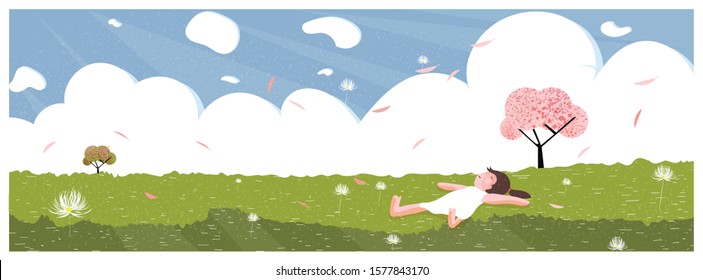 Panoramic vector illustration of spring summer scene.Little girl Lie on your back at the lawn or yard with happy face.Windy,apple blossom and dandelion flower sweep away.Banner for spring and summer.