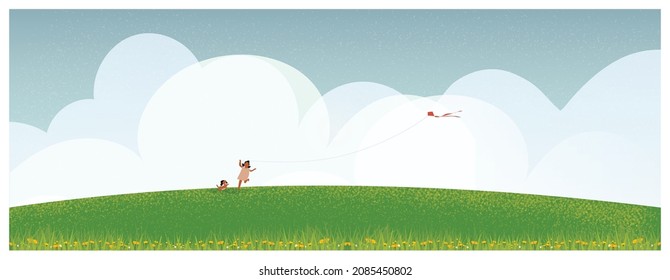 Panoramic vector illustration of spring summer landscape with blue sky and clound background.Nice weather, happy kid playing kite with dog .Windy green grass and poppy flower on green hill.