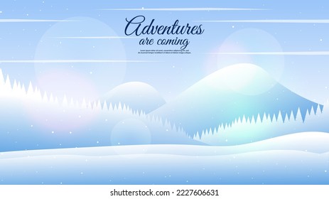 Panoramic vector illustration of winter in blue background. Minimal winter landscape.