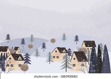 Panoramic vector illustration of a winter country in a blue palette. Minimal winter landscape. Suburban buildings in a winter landscape. Vector illustration