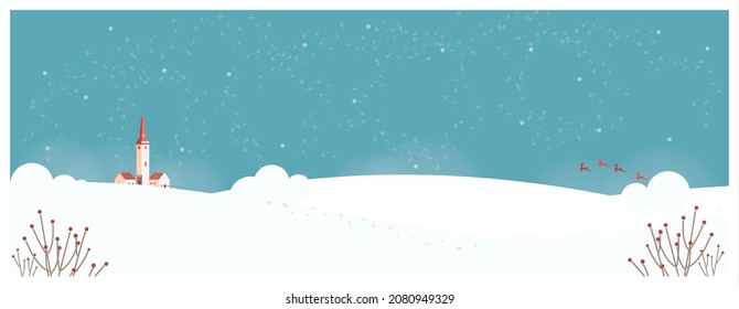 Panoramic vector illustration of winter landscape in blue  background.Clean Christmas day banner with castle church and deer.Minimal winter landscape.