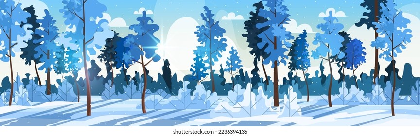 Panoramic vector illustration of winter landscape with snow park for poster, banner, card, brochure or cover. Flat vector illustration.