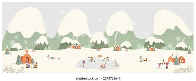 Panoramic vector illustration of winter snowy in green eathy background.The cute small village in Christmas day with snow.Kids ice skating,decorate tree,people singing Christmas carol with deer.Happy 