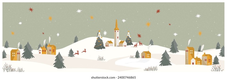 Panoramic vector illustration of winter snowy in green eathy background.The cute small village in Christmas day with snow.Merry Christmas and happy new year. 